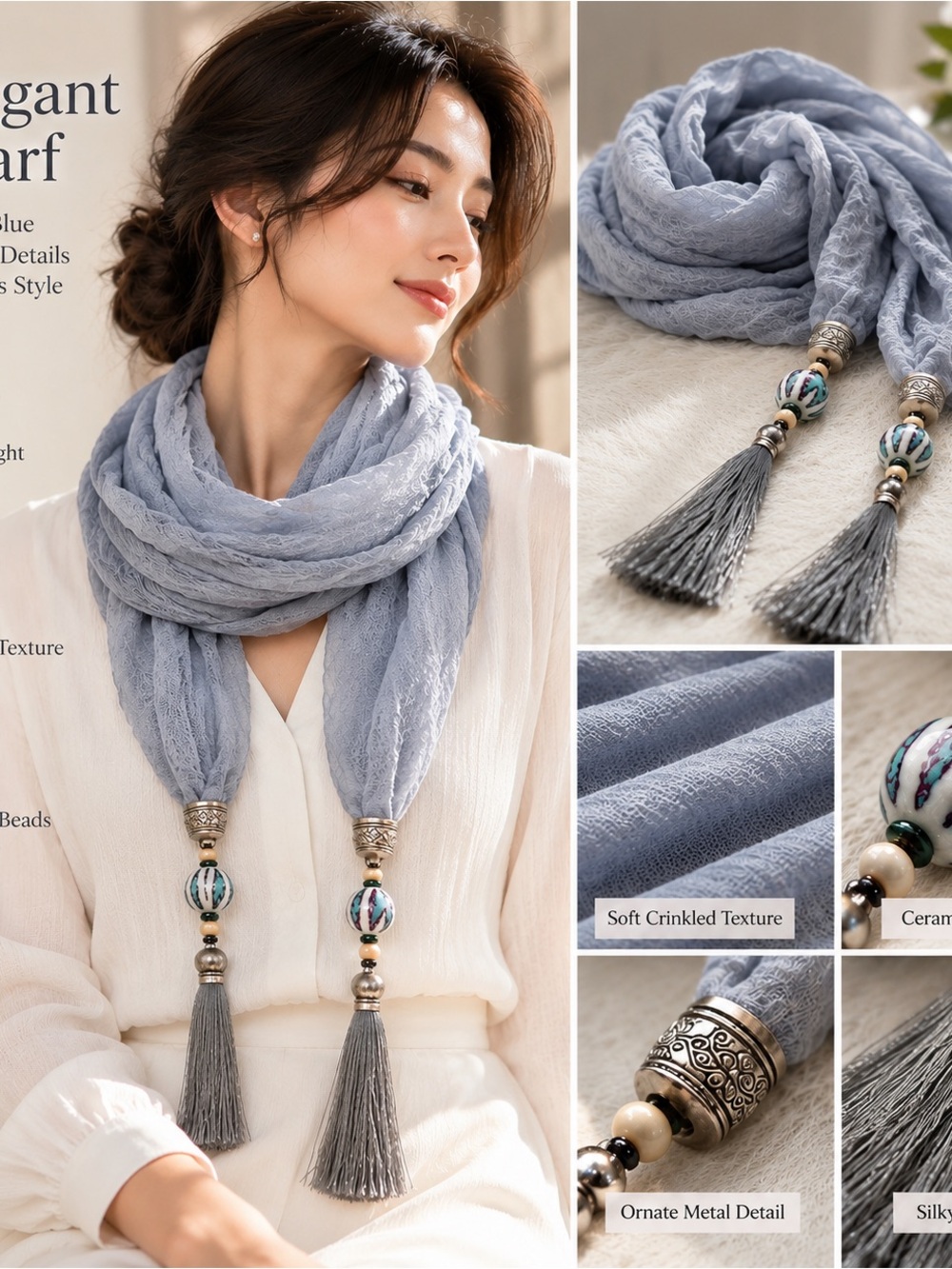 Dusty Blue-Gray Artisan Scarf Shawl Ceramic Beads Silver Tassels